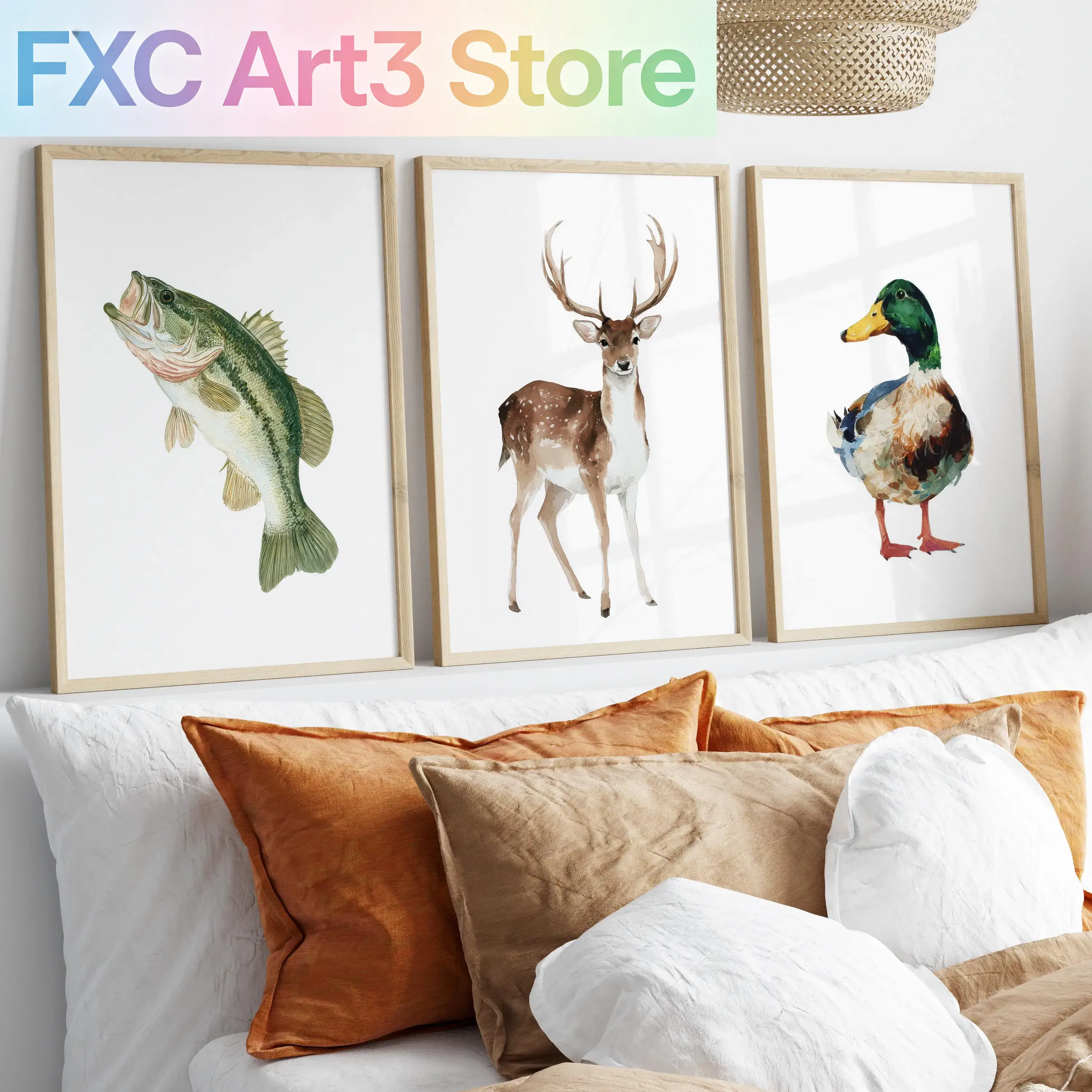Outdoor Hunting Paintings - 3pcs/Set frameless,Watercolor Hunting and Fishing Art